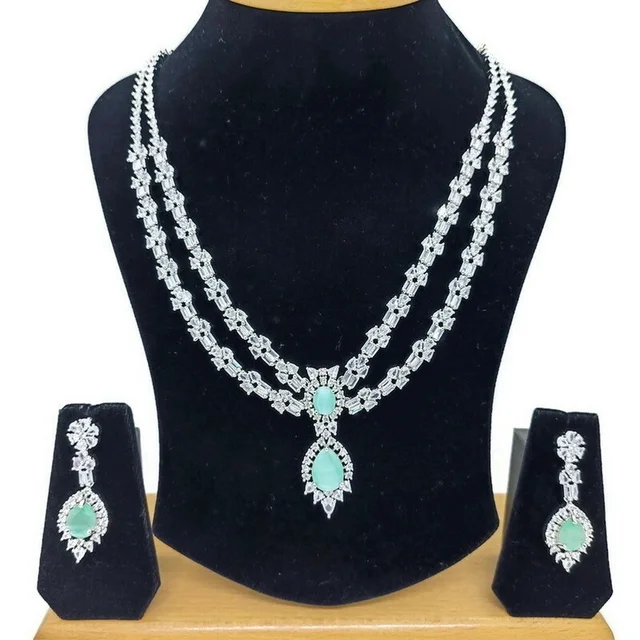 HJ Party Wear American Diamond Necklace Set - hnc-021 - Black, Rhodium Plating