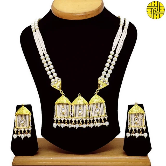 SM Rich Looking Polki Kundan Long White Necklace Set - shn-052a - White, Gold Plating