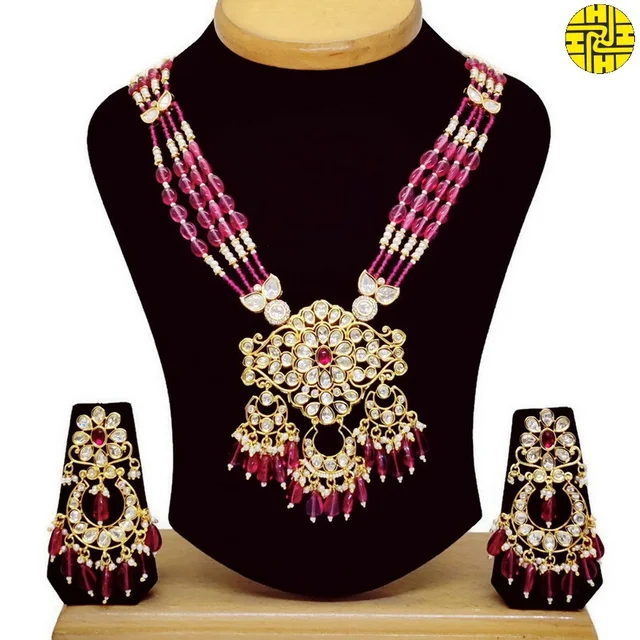 SM Premium Polki Kundan Long Ruby Necklace Set - shn-064a - Ruby, Rose Gold Plating