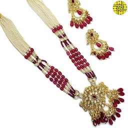 SM Premium Polki Kundan Long Ruby Necklace Set - shn-064a - Ruby, Rose Gold Plating