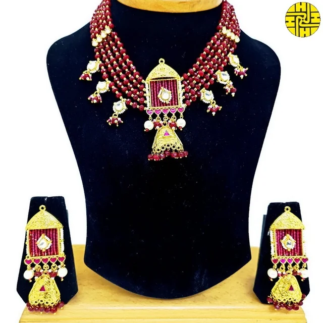 SM Stylish Polki Kundan Ruby Choker Necklace Set - shn-067a - Ruby, Gold Plating
