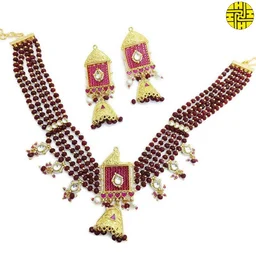 SM Stylish Polki Kundan Ruby Choker Necklace Set - shn-067a - Ruby, Gold Plating