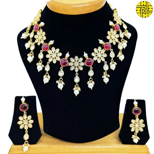 SM Rich Looking Polki Kundan Ruby Choker Necklace Set - shn-076a - Ruby, Rose Gold Plating