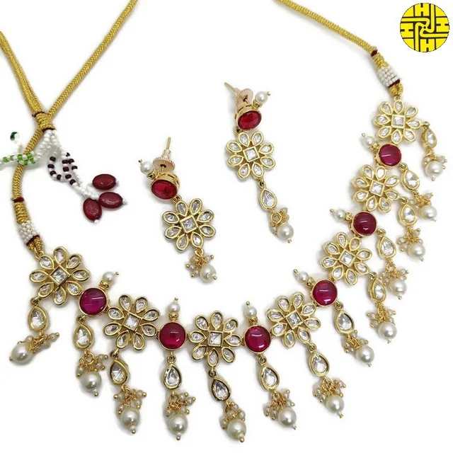 SM Rich Looking Polki Kundan Ruby Choker Necklace Set - shn-076a - Ruby, Rose Gold Plating