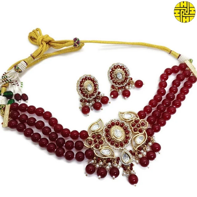 SM Royal Look Polki Kundan Maroon Choker Necklace Set - shn-082a - Maroon, Rose Gold Plating