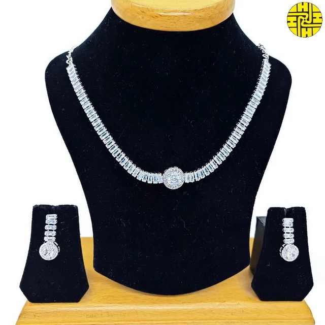 SM Classic Delicate Cz Necklace Set - Sm-402 - White, Rhodium Plating