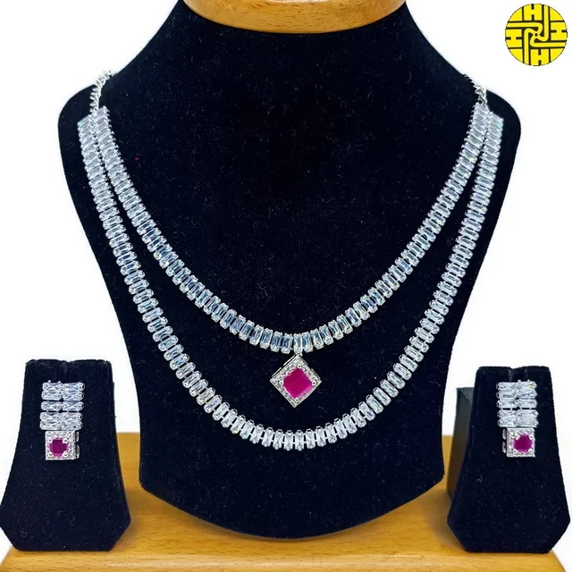 SM Classic Delicate Cz Necklace Set - Sm-404b - Ruby, Rhodium Plating