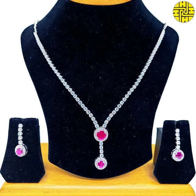 SM Classic Delicate Cz Ruby Necklace Set - Sm-406b - Ruby, Rhodium Plating