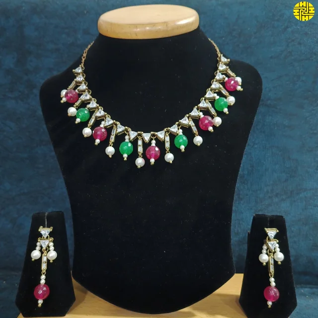 HJ Antique Raw Finish Multi Color CZ Necklace Set - Z-123ryg - Multi, Antique Raw Finish