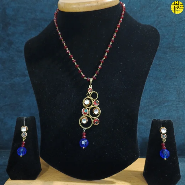 HJ Antique Raw Finish Kundan CZ Pendant Set - Z-129mn - Maroon, Antique Raw Finish
