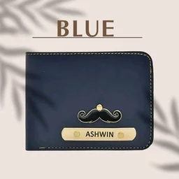Men's Personalized Wallet BLUE COLOR ,  Customized Slim Stylish Leather Purse with Name & Charm , Unique Birthday Anniversary Gift for Men Boy Love Husband Employees Clients 