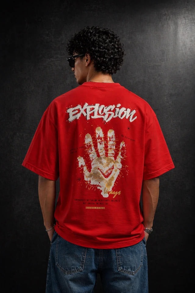 Storm Valor Red "Explosion" Oversized T-Shirt - 240 GSM Heavyweight French Terry - Bio-Washed 100% Pure Cotton Urban Graphic Tee. - L, Red