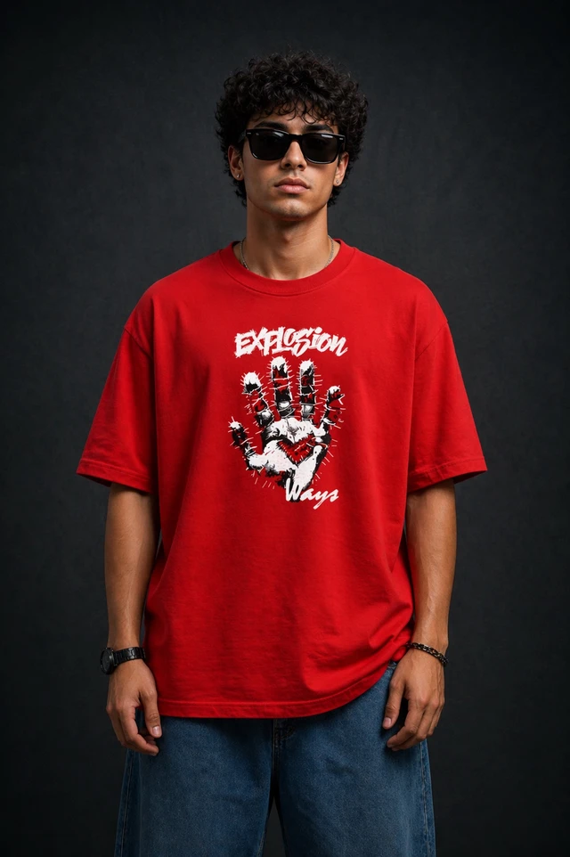 Storm Valor Red "Explosion" Oversized T-Shirt - 240 GSM Heavyweight French Terry - Bio-Washed 100% Pure Cotton Urban Graphic Tee. - L, Red