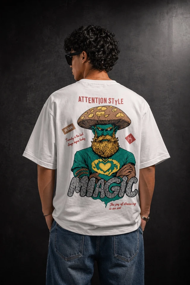 Storm Valor White Mushroom "Magic" Oversized T-Shirt - Premium 240 GSM French Terry - Gold-Washed 100% Cotton Luxury Streetwear.