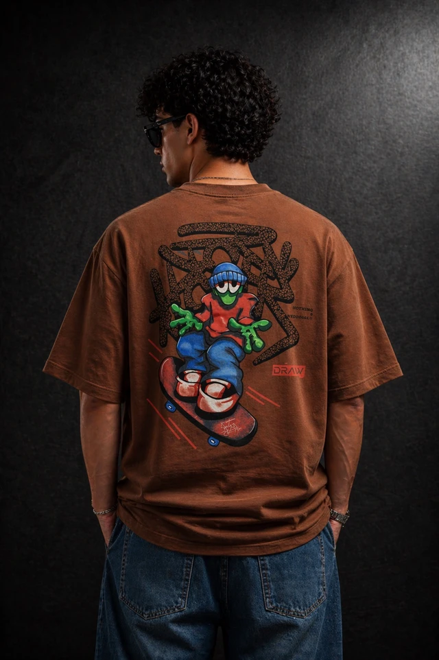 Storm Valor Brown Skater Graphic Oversized T-Shirt - 240 GSM French Terry Cotton - Gold-Washed Premium Streetwear Loose Fit Tee.