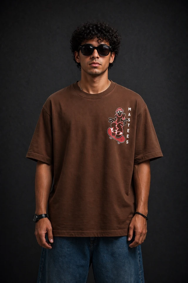 Storm Valor Brown Skater Graphic Oversized T-Shirt - 240 GSM French Terry Cotton - Gold-Washed Premium Streetwear Loose Fit Tee. - L, Brown