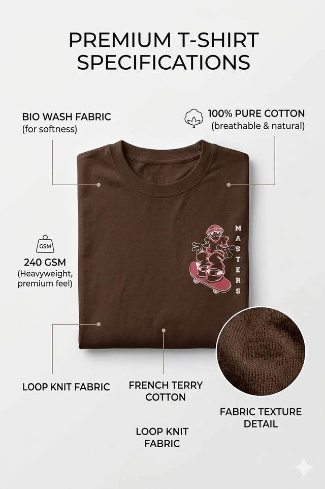Storm Valor Brown Skater Graphic Oversized T-Shirt - 240 GSM French Terry Cotton - Gold-Washed Premium Streetwear Loose Fit Tee. - L, Brown