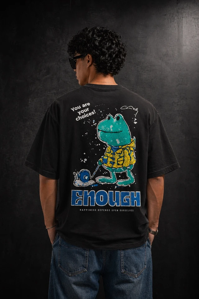 Storm Valor Men's 240 GSM Black Oversized T-Shirt - Premium French Terry 100% Pure Cotton - Bio-Wash Frog Graphic Streetwear Tee.