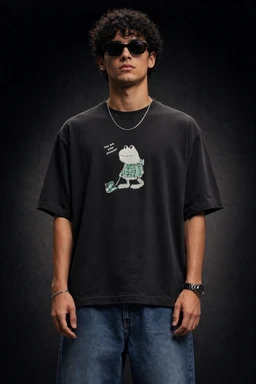 Storm Valor Men's 240 GSM Black Oversized T-Shirt - Premium French Terry 100% Pure Cotton - Bio-Wash Frog Graphic Streetwear Tee. - L, Black