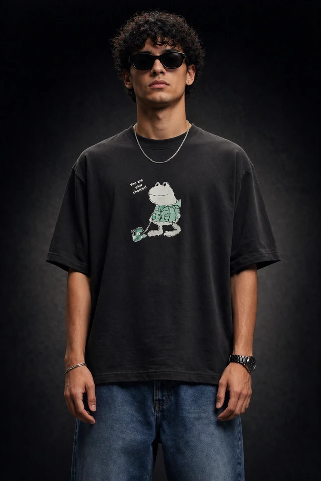 Storm Valor Men's 240 GSM Black Oversized T-Shirt - Premium French Terry 100% Pure Cotton - Bio-Wash Frog Graphic Streetwear Tee. - L, Black