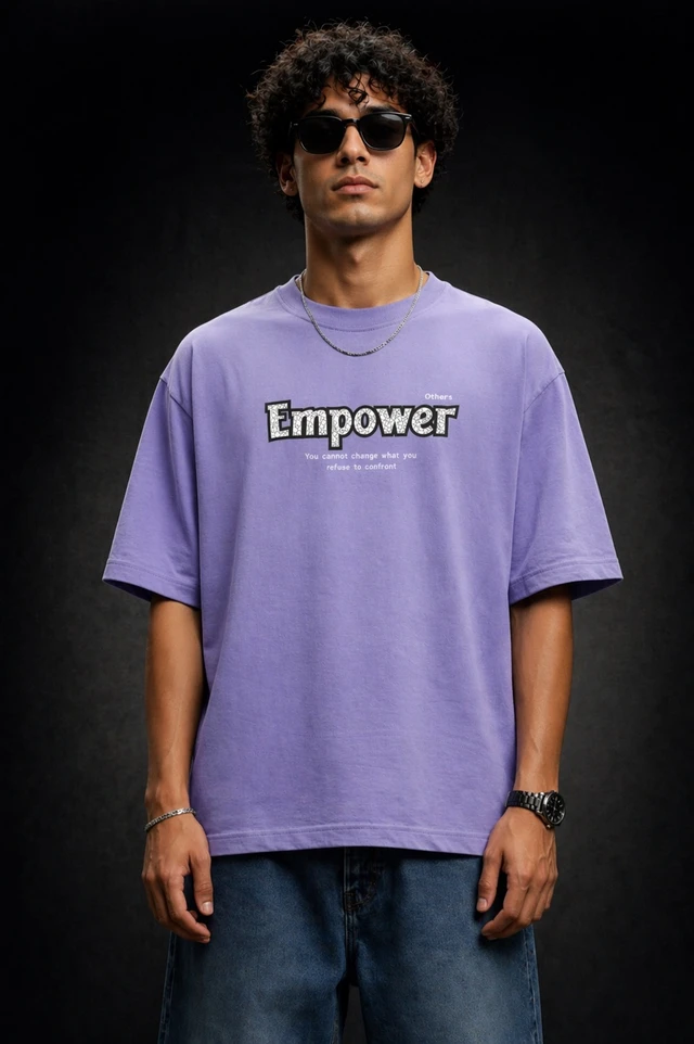 Storm Valor Lavender "Empower" Oversized T-Shirt - 240 GSM Heavy French Terry - 100% Pure Cotton Bio-Washed Artistic Streetwear. - L, Purple