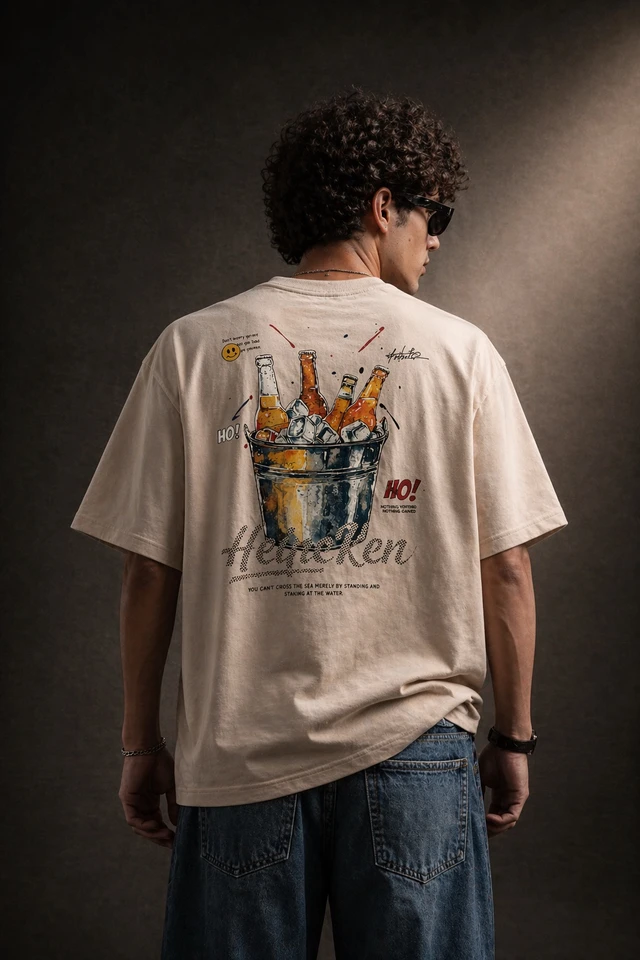 Storm Valor Beige Beer Bucket Graphic Oversized T-Shirt - 240 GSM 100% Cotton French Terry - Gold-Washed Premium Streetwear Tee.
