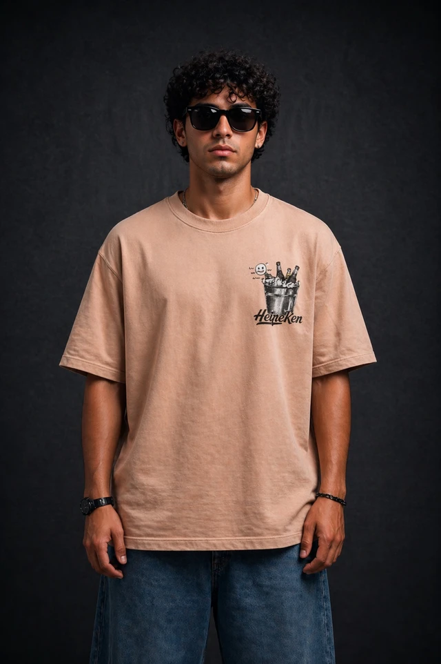 Storm Valor Beige Beer Bucket Graphic Oversized T-Shirt - 240 GSM 100% Cotton French Terry - Gold-Washed Premium Streetwear Tee. - L, Beige