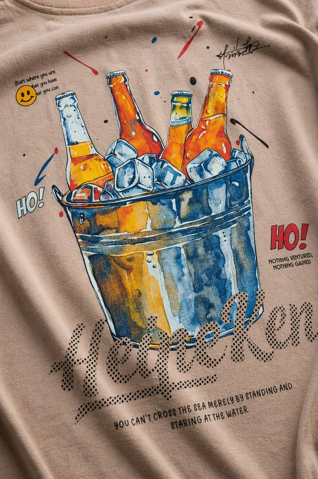 Storm Valor Beige Beer Bucket Graphic Oversized T-Shirt - 240 GSM 100% Cotton French Terry - Gold-Washed Premium Streetwear Tee. - L, Beige