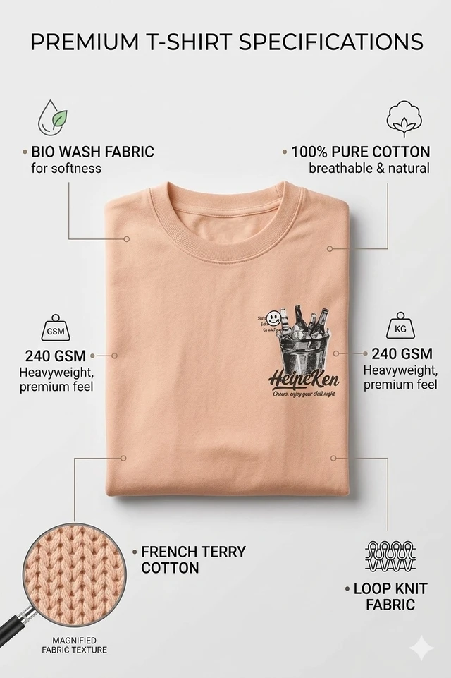 Storm Valor Beige Beer Bucket Graphic Oversized T-Shirt - 240 GSM 100% Cotton French Terry - Gold-Washed Premium Streetwear Tee. - L, Beige