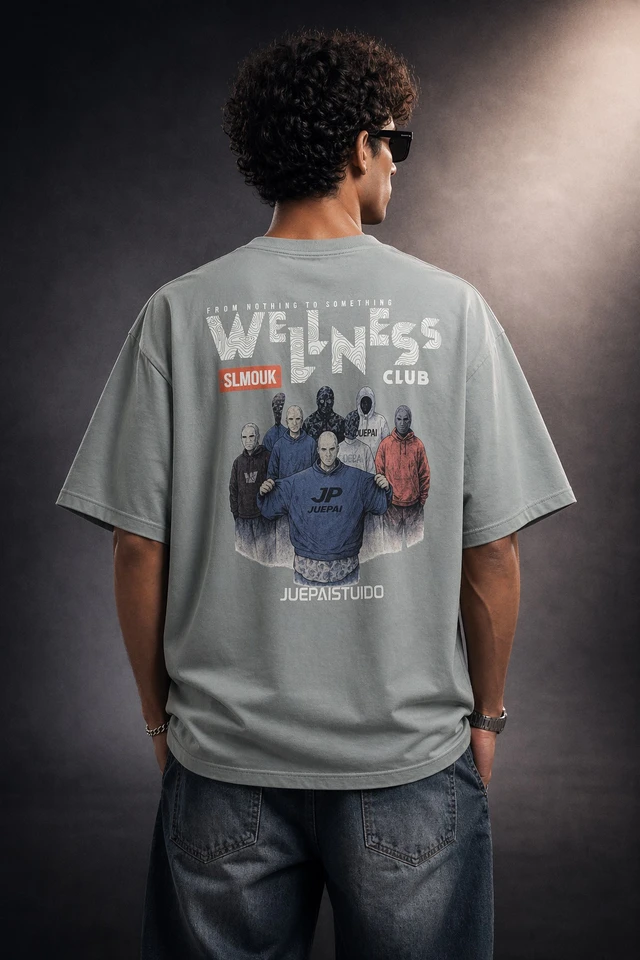 Storm Valor Grey "Wellness Club" Oversized Tee - 240 GSM 100% Pure Cotton French Terry - Premium Bio-Washed Streetwear Collection.