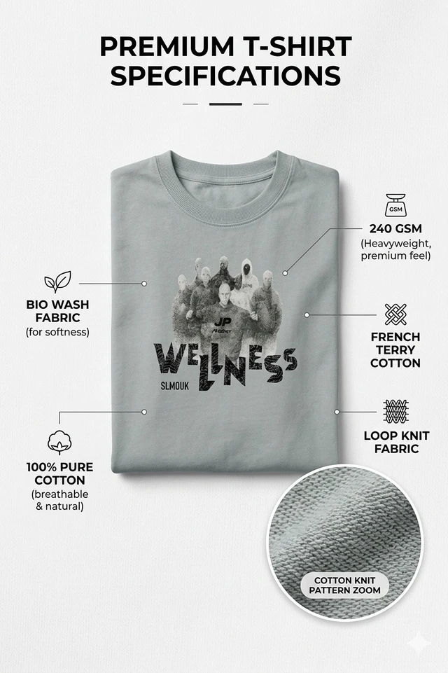 Storm Valor Grey "Wellness Club" Oversized Tee - 240 GSM 100% Pure Cotton French Terry - Premium Bio-Washed Streetwear Collection. - L, Grey