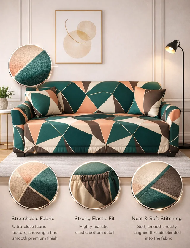 Storm Valor Blue Check & Gold Line 3 Seater Sofa Cover | Elegant Polycotton Fabric | Luxury Checkered Furniture Protector | Soft & Washable Universal Fit Sofa Slipcover - 90x40x40cm, Multicolor