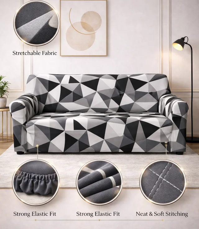 Storm Valor Grey & Navy Abstract 3 Seater Sofa Cover | Modern Polycotton Fabric | Premium Geometric Furniture Protector | Breathable & Easy Washable Sofa Wrap - 90x40x40cm, Multicolor