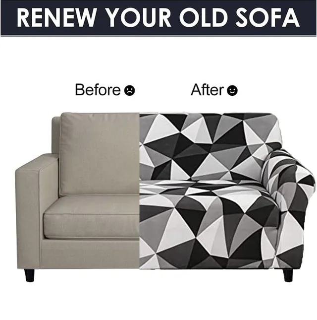 Storm Valor Grey & Navy Abstract 3 Seater Sofa Cover | Modern Polycotton Fabric | Premium Geometric Furniture Protector | Breathable & Easy Washable Sofa Wrap - 90x40x40cm, Multicolor