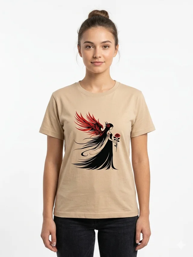 Storm Valor Women's Beige Slim Fit T-Shirt | Angel Wing & Rose Graphic | Lightweight 160 GSM Polycotton