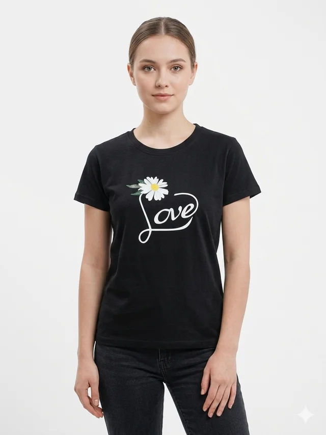 Storm Valor Women's Black "Love" Daisy Floral T-Shirt | Storm Valor Casual Wear | 160 GSM Durable Polycotton