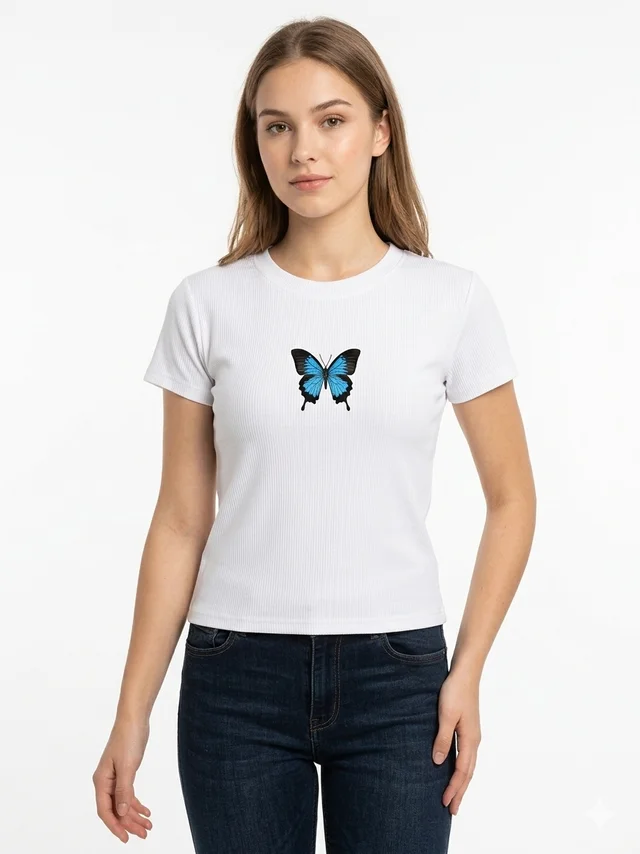 Storm Valor Women's White Ribbed Slim Fit Tee | Blue Butterfly Graphic | Storm Valor 160 GSM Polycotton
