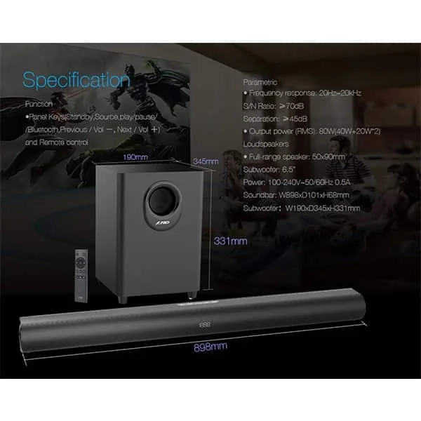 F&D F&D HT-330 2.1 Bluetooth Soundbar with Wired Subwoofer 80W