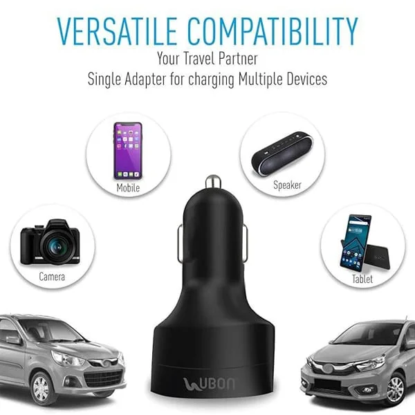Ubon UBON CH-85 Boostcharge Dual USB Car Charger 2.4A 2 Fast Charging Port Charge Adapter with Micro USB Data Cable for Mobile Phone, Tablet & GPS (Black) - Black