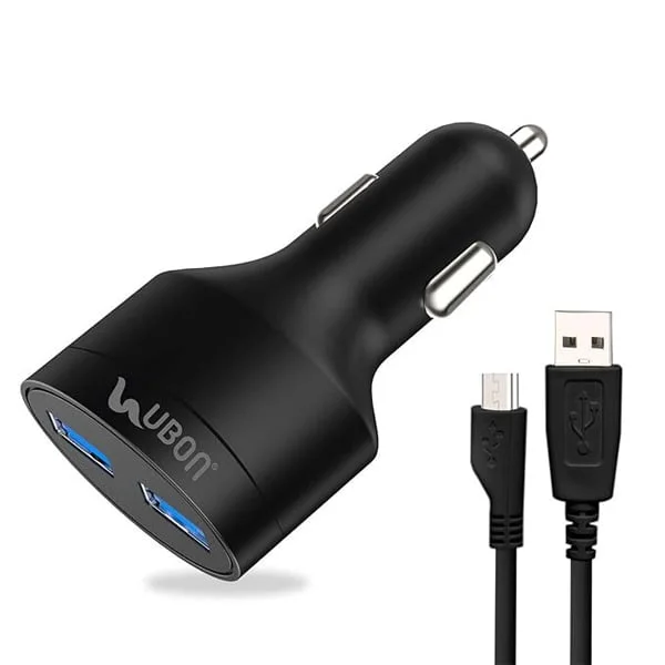 Ubon UBON CH-85 Boostcharge Dual USB Car Charger 2.4A 2 Fast Charging Port Charge Adapter with Micro USB Data Cable for Mobile Phone, Tablet & GPS (Black) - Black