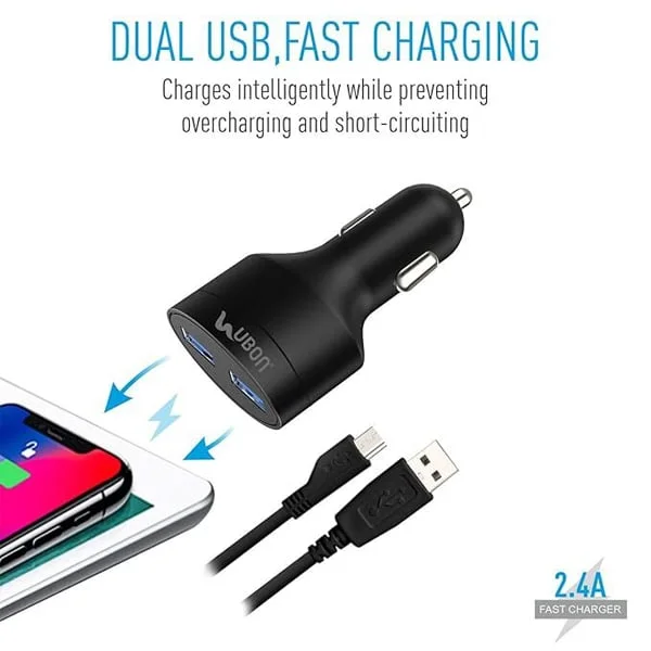 Ubon UBON CH-85 Boostcharge Dual USB Car Charger 2.4A 2 Fast Charging Port Charge Adapter with Micro USB Data Cable for Mobile Phone, Tablet & GPS (Black) - Black