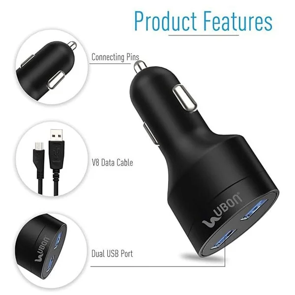 Ubon UBON CH-85 Boostcharge Dual USB Car Charger 2.4A 2 Fast Charging Port Charge Adapter with Micro USB Data Cable for Mobile Phone, Tablet & GPS (Black) - Black