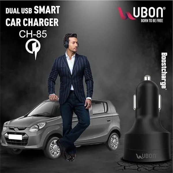 Ubon UBON CH-85 Boostcharge Dual USB Car Charger 2.4A 2 Fast Charging Port Charge Adapter with Micro USB Data Cable for Mobile Phone, Tablet & GPS (Black) - Black
