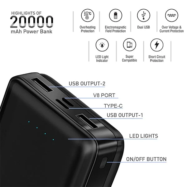 Ubon UBON PB-20051 Massive 20000mAh Lithium Polymer Power Bank | Built-in Dual USB Port