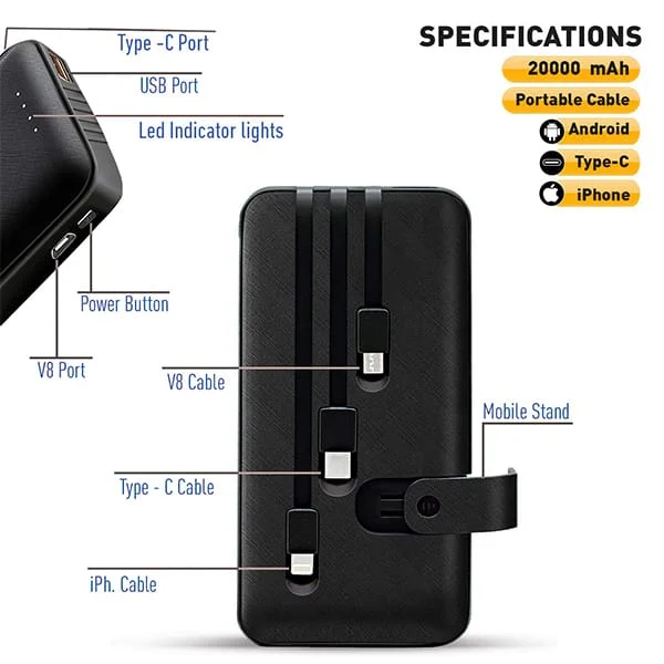 Ubon UBON PB-X90 20000 mAH Li-Polymer Power Bank with inbuilt Type C / V8 / iPhone Jack