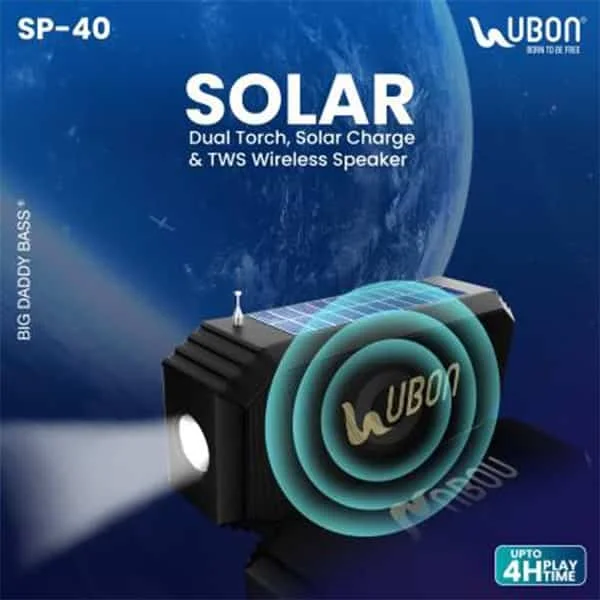 Ubon SP-40 Solar Chargeable Dual Torch 12W TWS Wireless Speaker - Red - Red