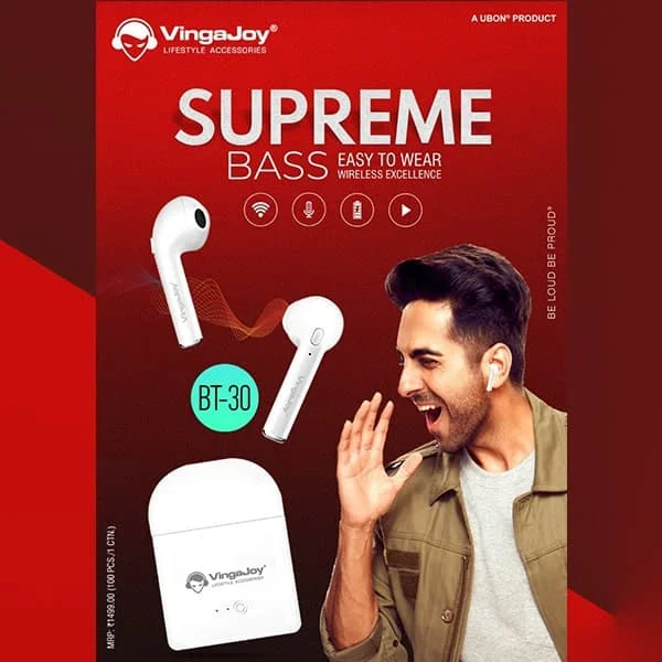 VingaJoy BT-30 TWS Wireless Earbuds (White, True Wireless)