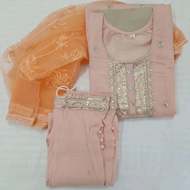 Twokart Embroidery Cotton Blend Kurta, Pant, Duppata Set Suit (Peach, Size M, SUIT3)