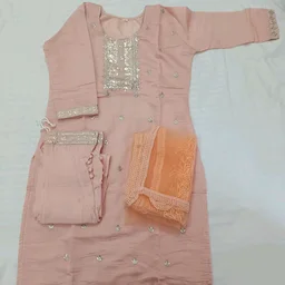 Twokart Embroidery Cotton Blend Kurta, Pant, Duppata Set Suit (Peach, Size M, SUIT3) - M, Peach
