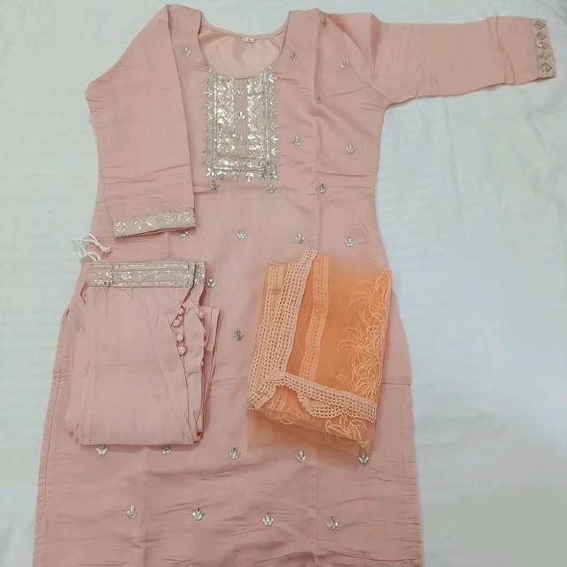 Twokart Embroidery Cotton Blend Kurta, Pant, Duppata Set Suit (Peach, Size M, SUIT3) - M, Peach